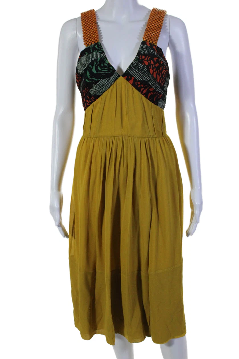 Abito donna Burberry Prorsum seta scollo a V perline senza maniche giallo taglia 40