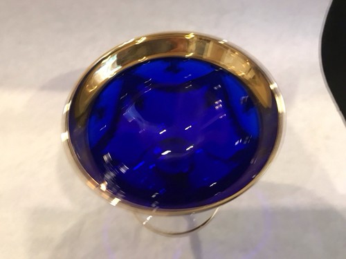 VINTAGE ITALIAN INTERGLASS 24K GOLD COBALT BLUE GLASS COMPOTE SERVING BOWL - Picture 6 of 10