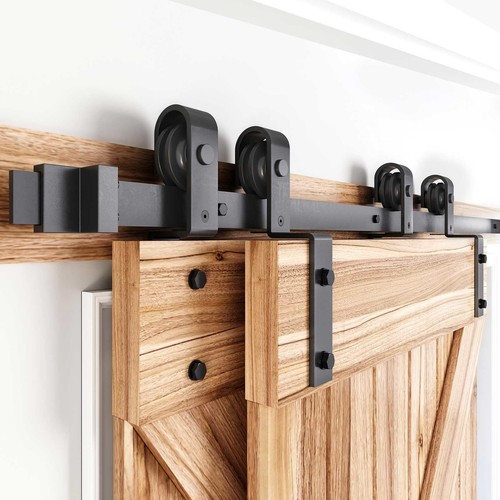 9 FT Bypass Double Sliding Barn Door Hardware Kit,Single Track,Heavy Duty,Sli...