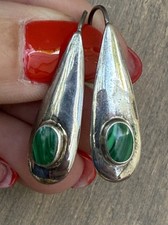 Sterling Silver 925 Modernist Paisley Drop Earrings with Malachite Cabochons — listing 2