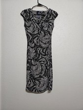 Chaps Black White Sheath Dress XS Ruched Faux Wrap Shoulder Pads Stretch