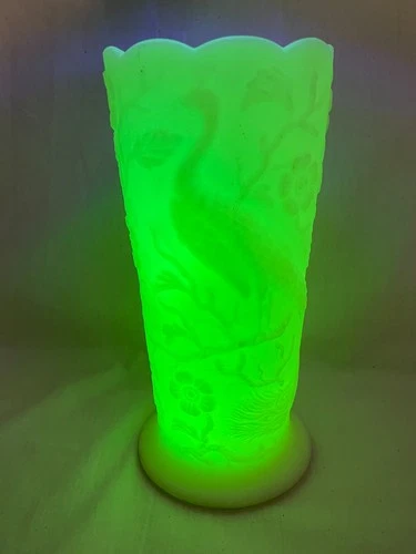 Fenton Satin Custard Peacock Garden Floral Scalloped Uranium Glass Vase #8257