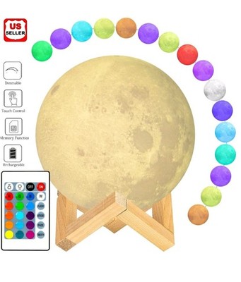 3D Printed Moon Lamp Moonlight USB LED Night Light Touch Color Changing 15cm 
