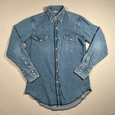 Wrangler Mens Western Denim Shirt M 15-33 Blue Pearl Snap Made in USA 70127MW