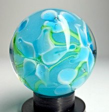 22mm HIBISCUS Teal Blue/white flower Handmade Glass Marble 7/8" SHOOTER Stand