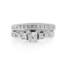 Princess And Round Cut Diamond Engagement Ring Set 14K White Gold 1.00Ctw SZ5.25