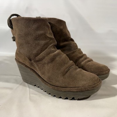 Fly London Suede Yama Lace Tie Wedge Ankle  Slip-On Boots Bootie Women Sz 39/8.5