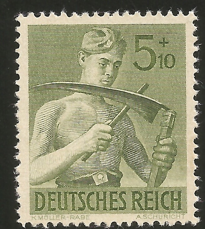 1943 WWII Nazi Germany Hitler Youth Aryan Member Sharpening his Scythe Mint Stam