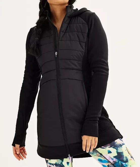 Tek Gear Women's Black Hooded Long Mixed Media Jacket (WT33A206RS) Sizes S/M