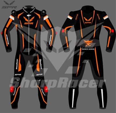 Sharp Racer SPR Leather Motorcycle Suit - Orange, Black Unisex Racing Gear