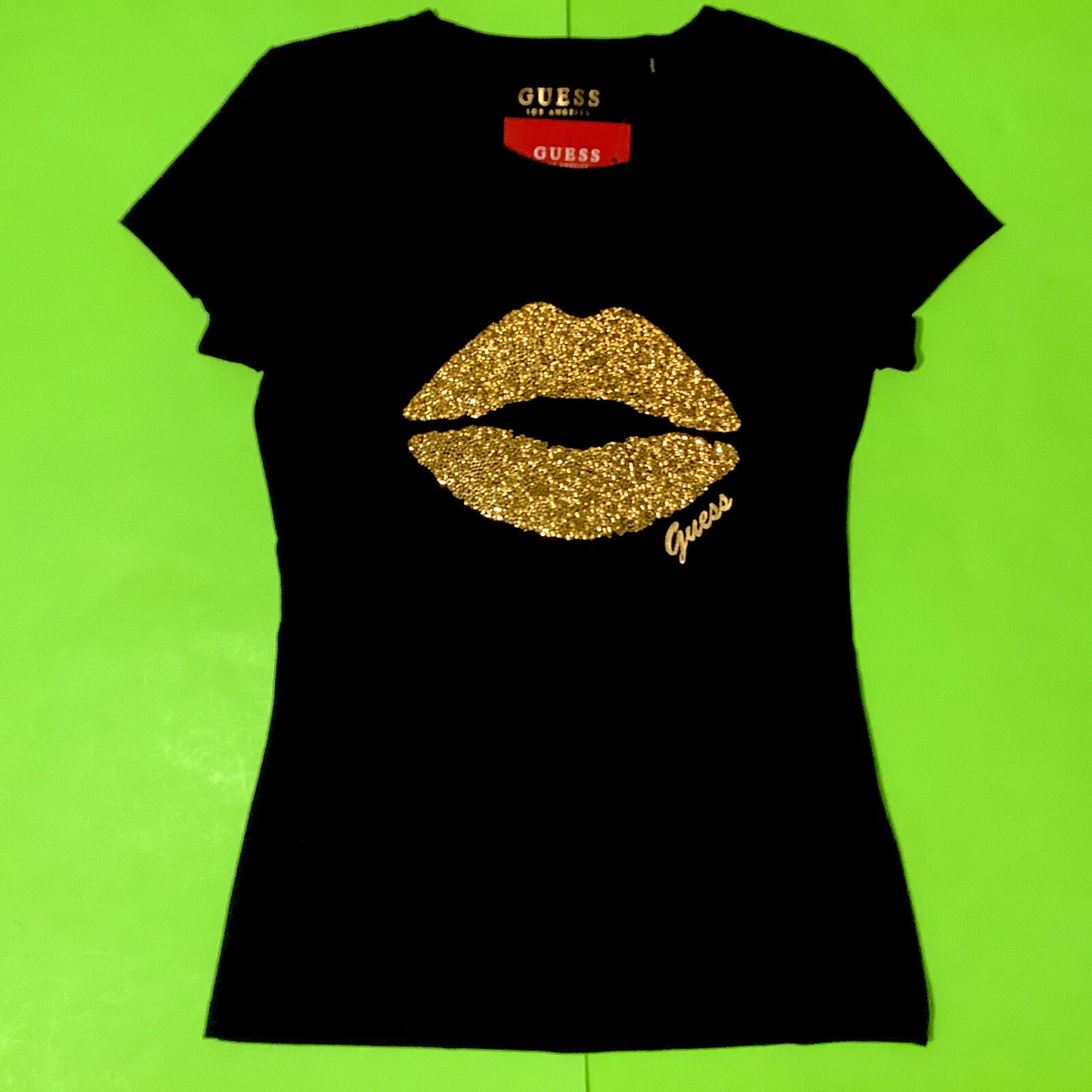T-shirt GUESS Femme Noir Avec Strass Dorés - Logo Letti - Taille XL/Petit - Coton élastique