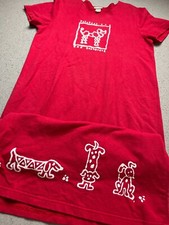 CITÉ T SHIRT DRESS SZ S MADE IN THE USA RED & WHITE DOG PATTERN LONG VTG