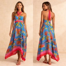 Farm Rio Painted Birds Maxi Dress Blue Tropical Bird Print Halter NWT Size L