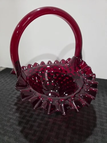 Vintage 8” Fenton Hobnail Ruby Red Amberina Glass Basket Excellent Condition