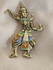 Vintage Siam Thai Dancer Enamel Pin Brooch Sterling Silver
