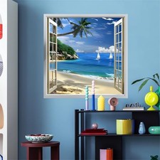 Seafront Beach Coconut Tree Fake Window Wall Stickers, 3D Seashores Seascape