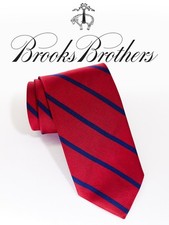BROOKS BROTHERS 100 Silk Neck Tie 3.25" RED with NAVY BLUE Stripes USED T46