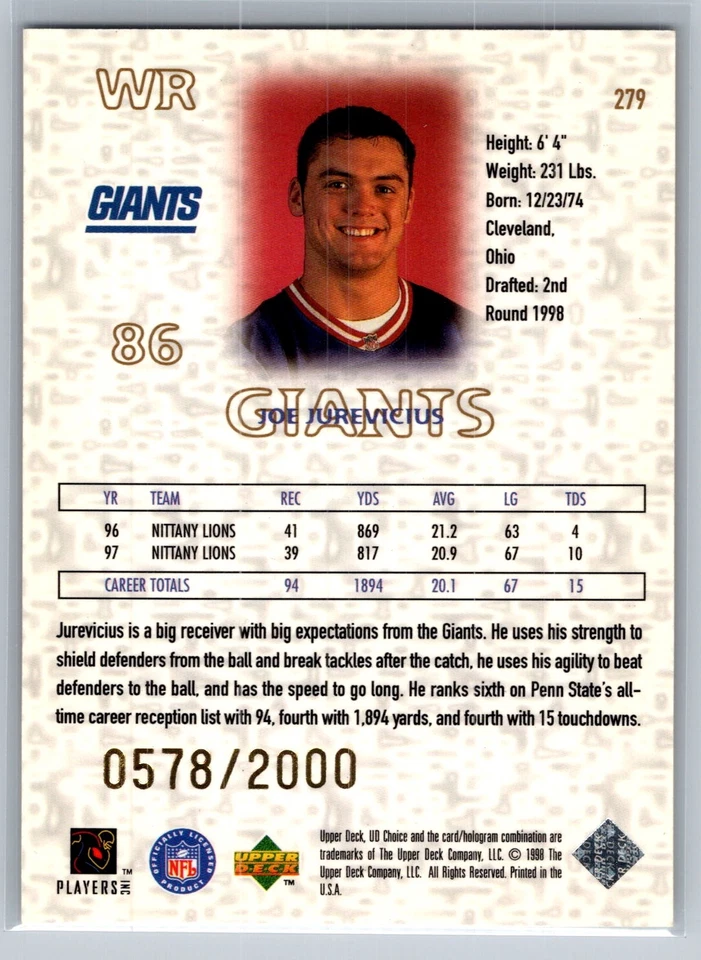 Joe Jurevicius 1998 UD Choice #279 /2000 - Image 2 of 2