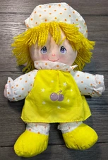 Vintage Well Made Happiness Aid Rag Doll Plush Yellow Outfit 15" Cherry Dress