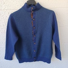 Turtleson Men Blue 100 Extra Fine Merino Wool Mock Neck Button Cardigan Medium