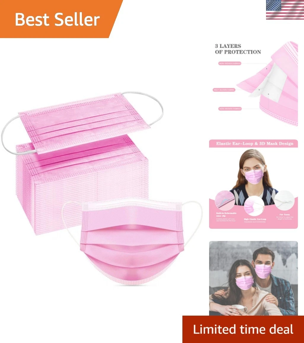 100 Pcs Pink Disposable 3 Ply Earloop Face Masks,Fit for Adults