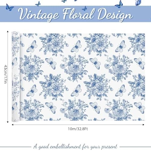 1Roll Black White Floral Wrapping Paper Retro Flowers Butterfly Printed Gift  - Image 2 of 4