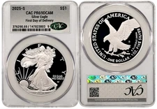 2025 S Silver American Eagle S$1 CAC PR69DCAM First Day  Of Delivery