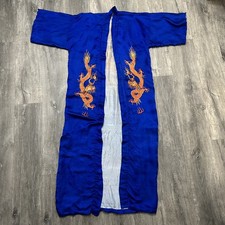 Vintage Kimono Robe Silk Like Material Blue Chinese Dragon Embroidered Long