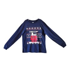PEANUTS Women Size L Snoopy Christmas CHILLIN T-Shirt Navy Red Cotton Blend 42"