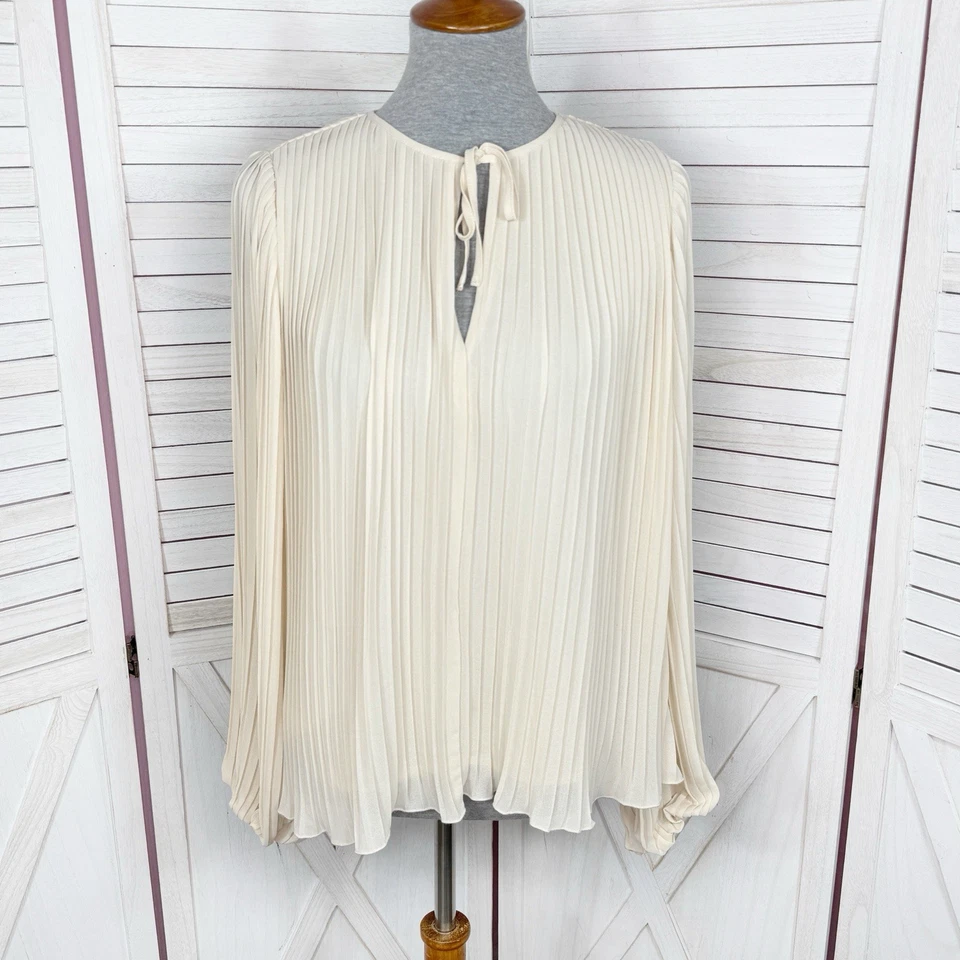 H&M 女式中号奶油色褶饰枕头袖雪纺领带秋千 — 第 3/4 张图片