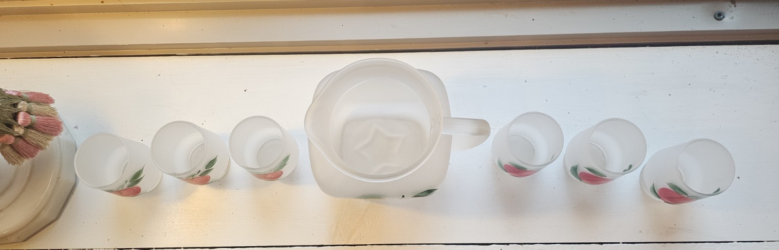 Hazel Atlas VTG Frosted Pitcher with 6 Glasses Apple Juice Set Star Bottom EUC!!