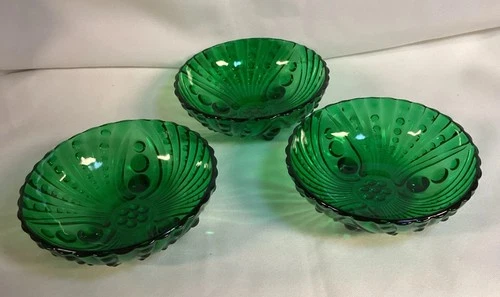 Set Of 3 Anchor Hocking Emerald Forest  Bubble  Pattern Footed Berry Bowls