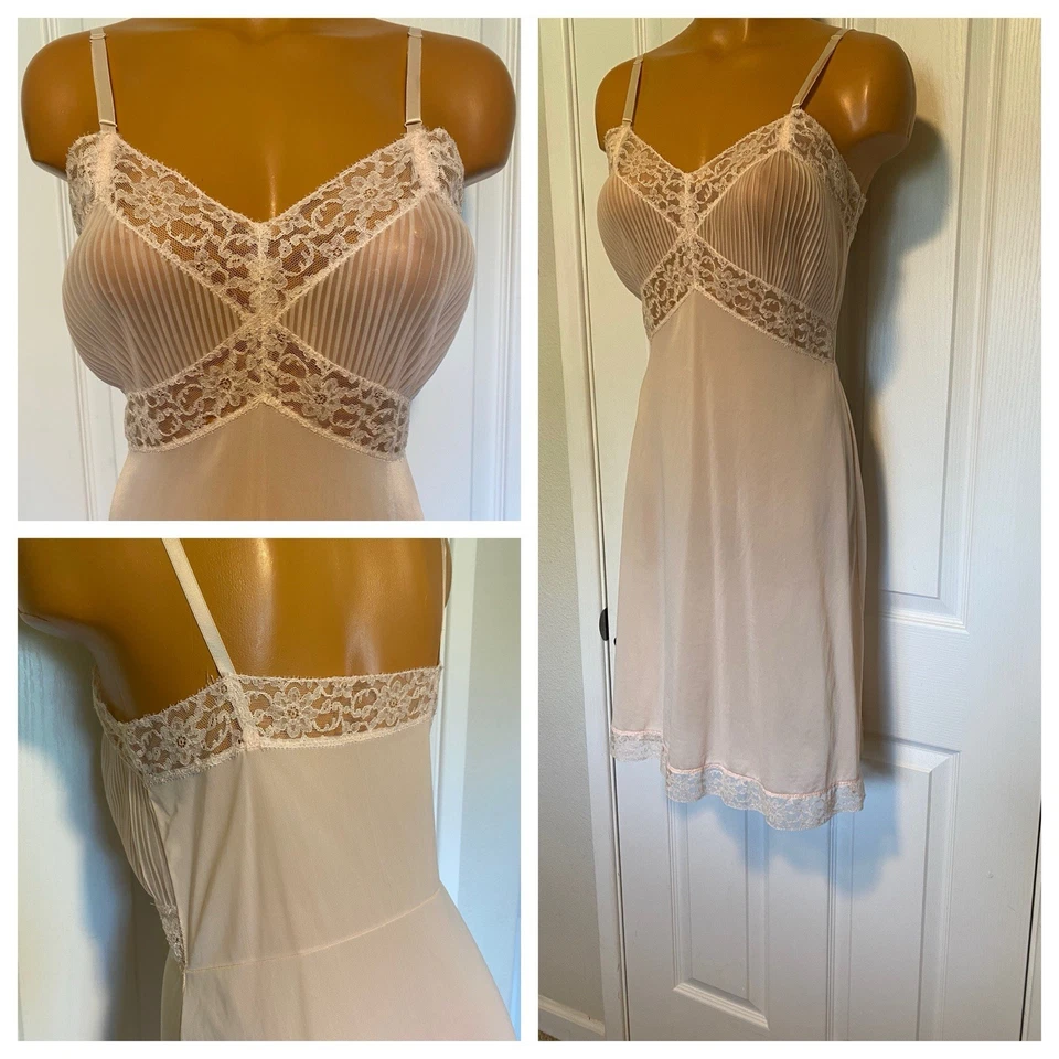 ВИНТАЖНЫЙ 1960-х годов РЕДКАЯ CHARMODE белье розовый с кристалл складки шифона полный скольжения размер 34 - Изображение 2 из 4