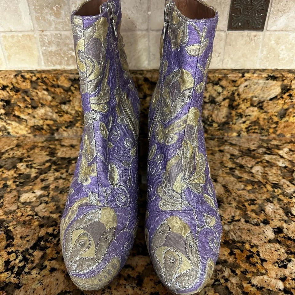 DRIES VAN NOTEN фиолетовый цветочный парчи блок каблука лодыжки загрузки sz 36 1/2 США 6 новый - Изображение 3 из 4