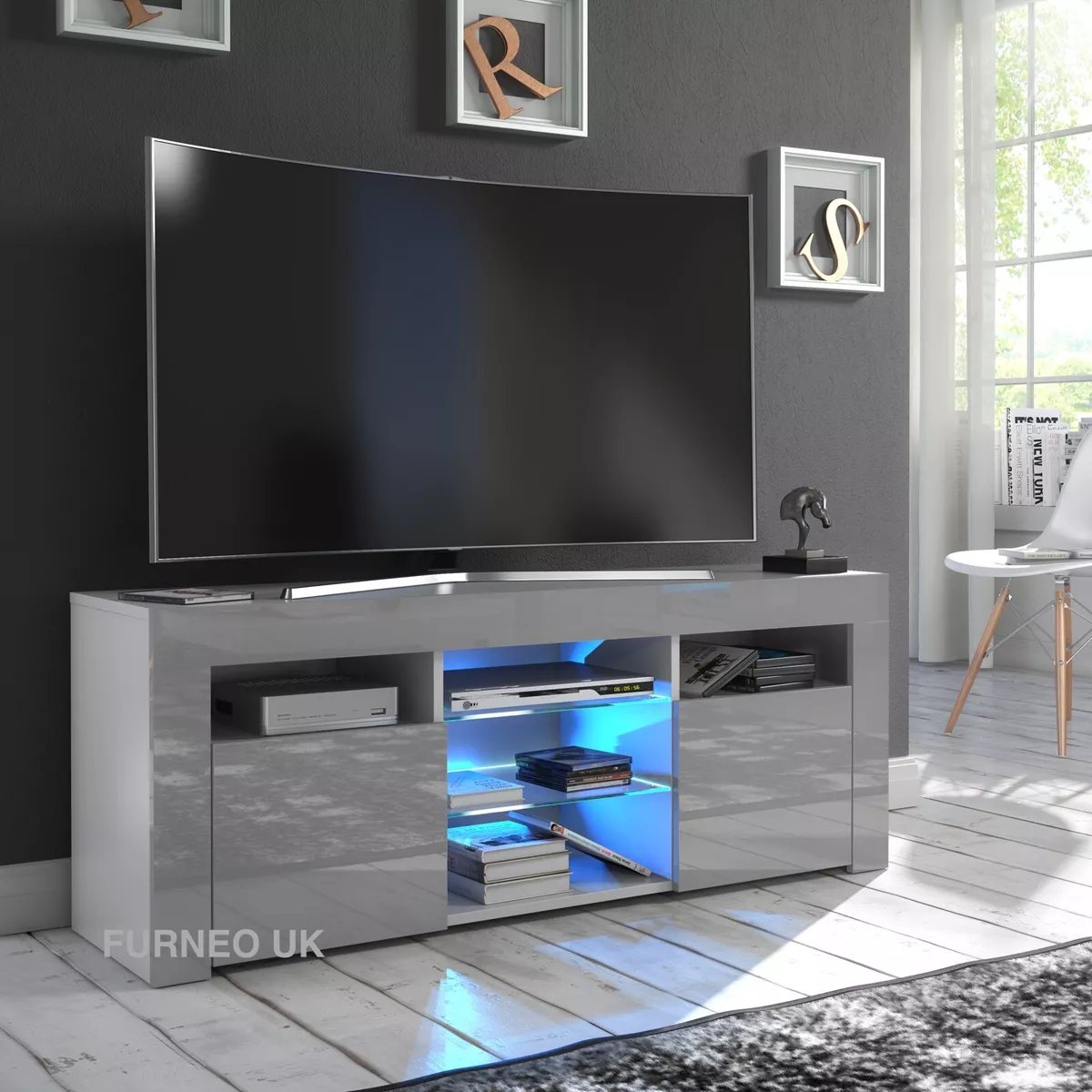 Grey TV Stand Modern High Gloss Matt 120cm Unit Cabinet LED Lights PuzzoG