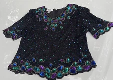 Laurence Kazar NY Silk Beaded Top Vintage 2x Black Sequins Holiday Evening
