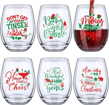 6 Pcs Christmas Wine Stemless Glass Funny Christmas Gift Set for Teacher Men Wom