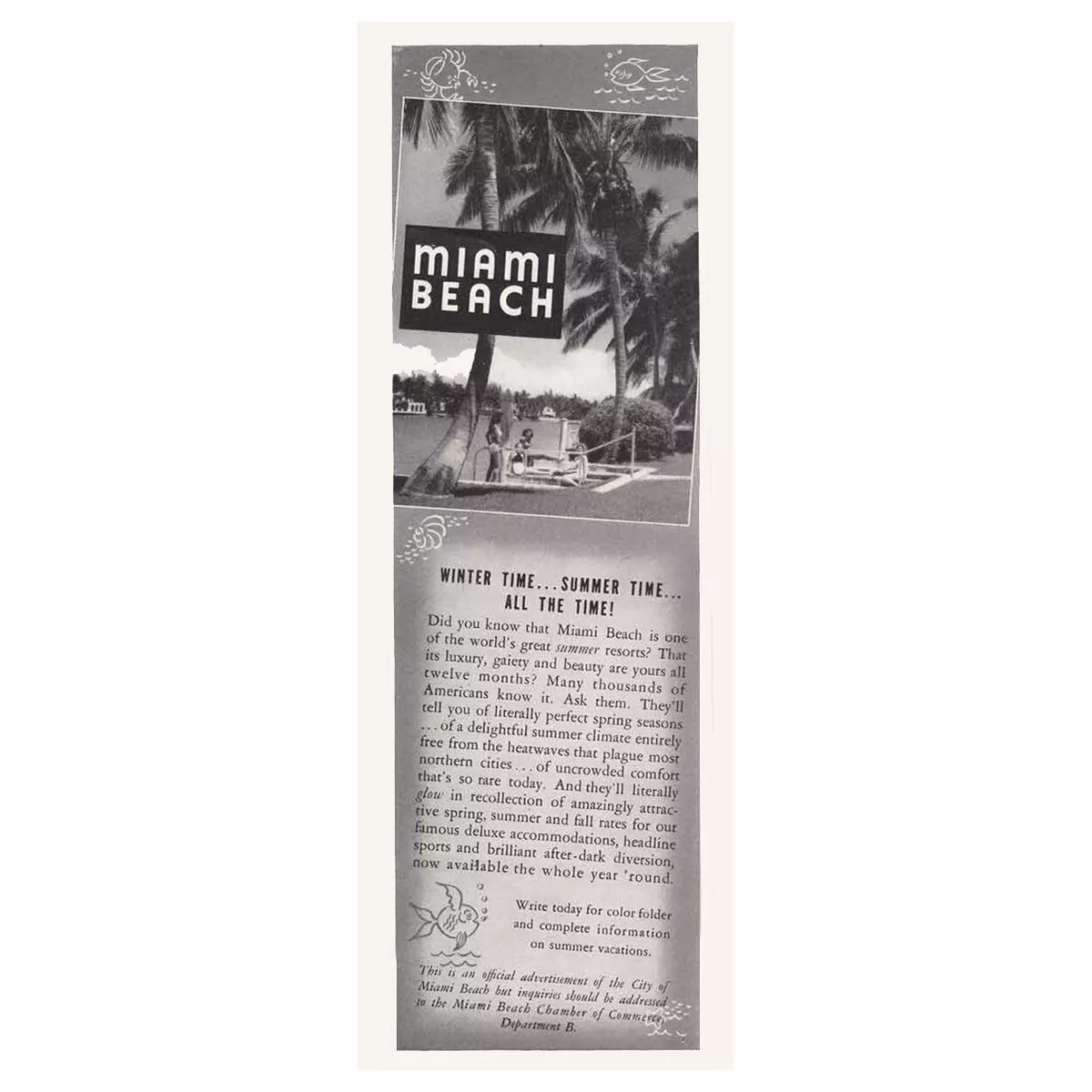 1947 Miami Beach, Florida: Winter Time, Summer Time Vintage Print Ad