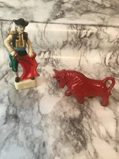 Vintage Mid Century MODERN Matador Bull Fighter  & Red Bull Figurines 50’s-60’s