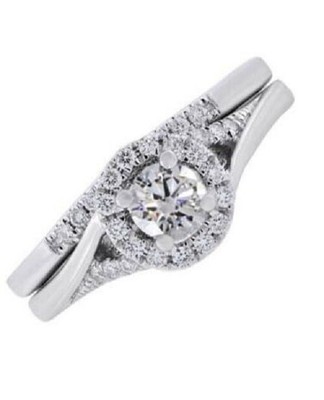 14K White Gold 1.7Ct Lab-Created Round Diamond Halo Bride Sets Wedding Ring Gift