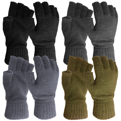 HERREN THERMO FINGERLOSE HANDSCHUHE WINTER STRETCH WARM GESTRICKTER HALFINGER 