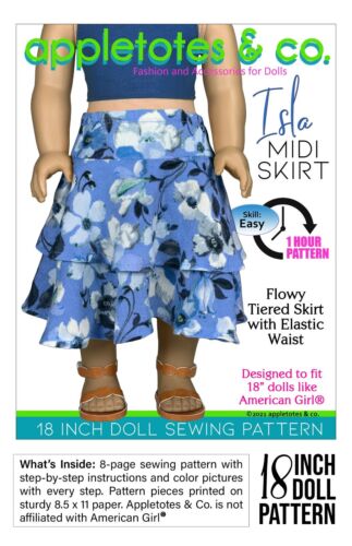 Modèle de couture de poupée 18 pouces | Jupe Isla Midi convient aux poupées 18 pouces comme une American Girl - Photo 1/5
