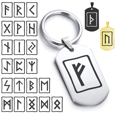 Stainless Steel Elder Futhark Ancient Alphabet Runes Dog Tag Keychain Ring