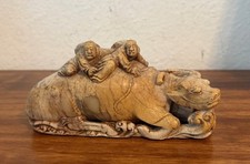 Antique Chinese Carved Stone Sculpture, Water Buffalo w Riders - 6.5"