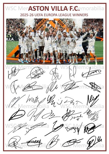 12631. 2025-26 Aston Villa Signed Team Photo Sheet (PRINTED AUTOGRAPHS - A4)