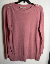 LOFT Women's Pink Solid Knit Crew Neck Pullover Sweater Shoulder Buttons M