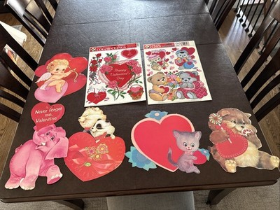 7 Vtg Eureka Valentine Die Cut Double Sided Cutout & 2 Cling Window Decoration
