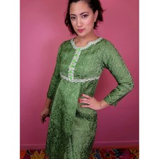 Vintage 1960's Green Brocade Mini Dress w/ Silver Trim  Rhinestones Custom Made