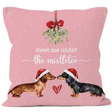 Pink Winter Christmas Dachshund Dog Throw Pillow Cover 18x18, Romantic Dachsh...