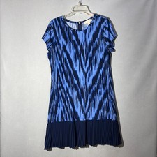 Michael Kors Womens Large L Blue Navy Ikat Pleated Hem Drop Waist Dress Zip EX
